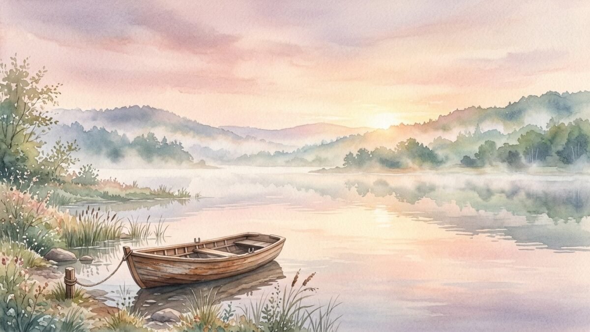 A calm lake at dawn with mist rising, a small wooden boat resting at the edge, dreamlike stillness, soft watercolour illustration