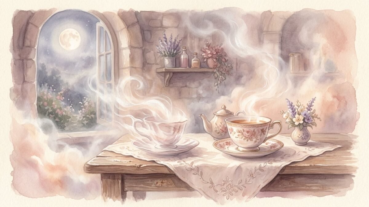 Two teacups on a table in a misty dreamlike room, one fading into mist, soft moonlight, soft watercolour illustration