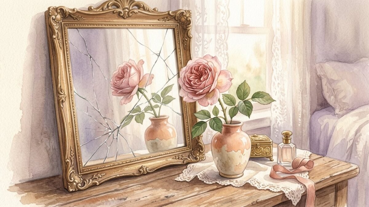 A cracked mirror on a dressing table reflecting a single rose, dreamlike soft light, soft watercolour illustration