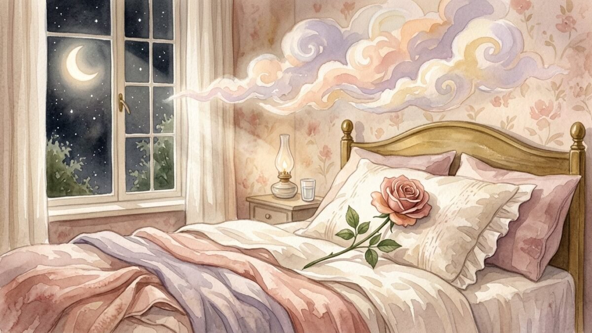 A pillow with a single rose on it, moonlight through the window and soft dream clouds above the bed, soft watercolour illustration