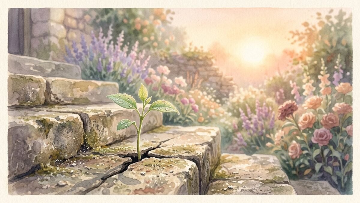 A small seedling growing from a crack in old stone steps toward the morning sun, dew drops on its leaves, soft watercolour illustration