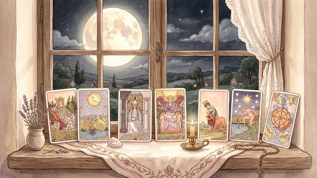 Tarot cards on a windowsill bathed in the light of a big full moon, soft watercolour illustration