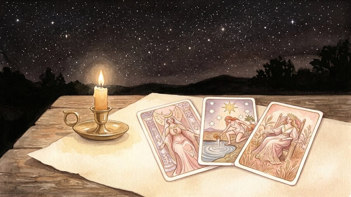 A single candle and three tarot cards under a dark new moon sky full of stars, soft watercolour illustration