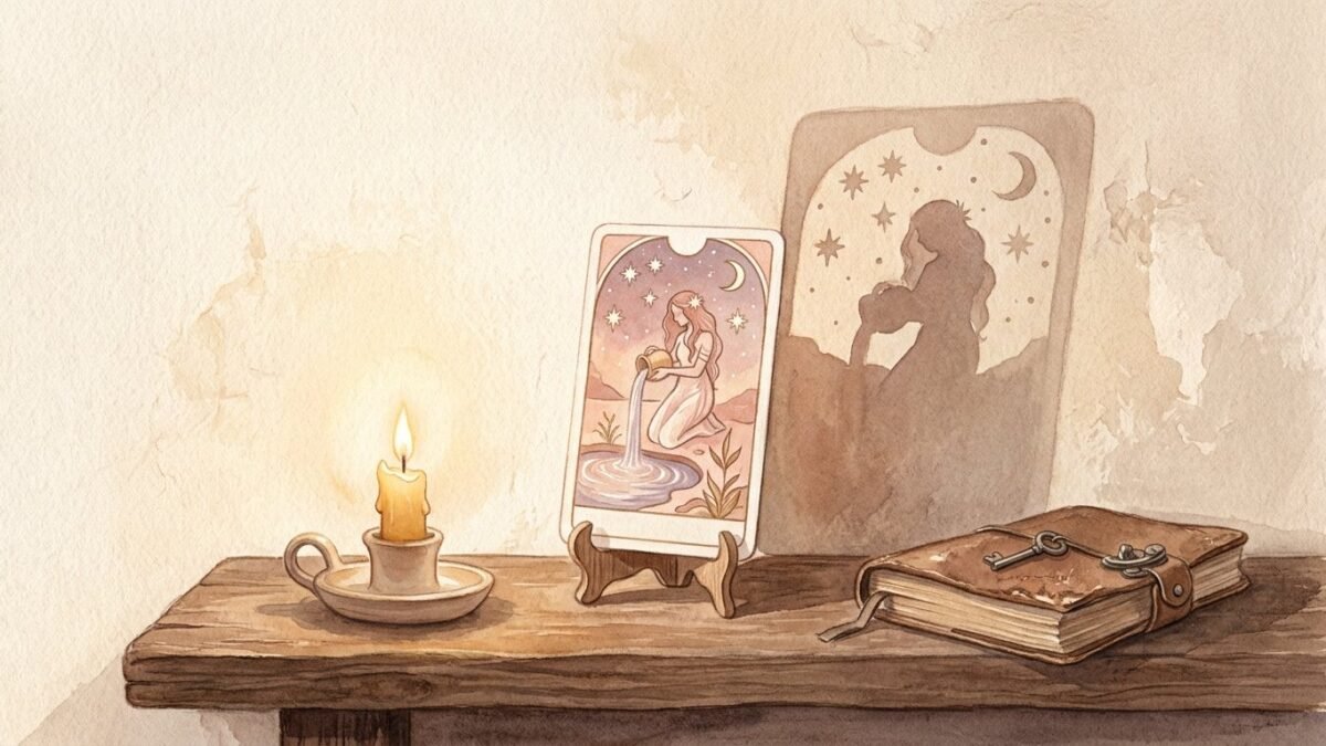 A tarot card and its shadow on a wall by candlelight, a closed journal beside it, soft watercolour illustration