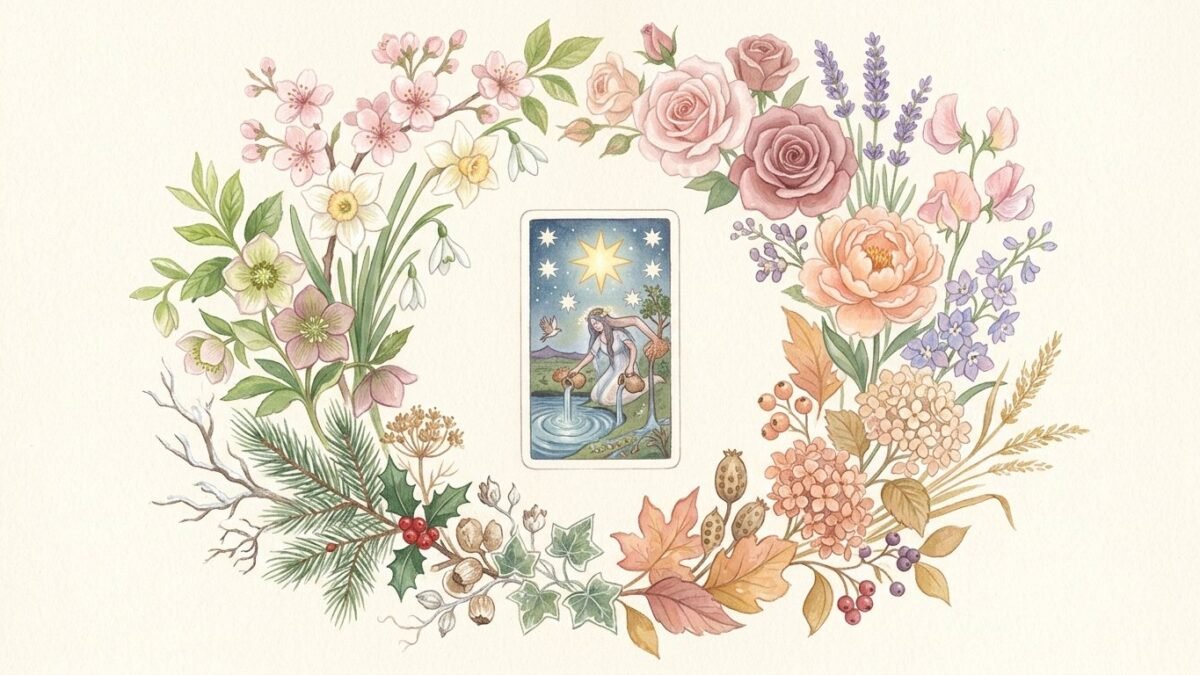A wreath of seasonal flowers from spring to winter around a single tarot card, soft watercolour illustration