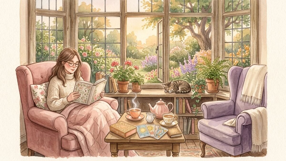 Two armchairs and a small tea table by a window, a tarot deck and two cups of tea, warm afternoon light, soft watercolour illustration