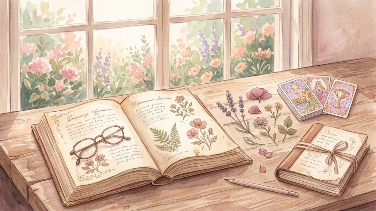 An open old book with pressed flowers beside a small stack of tarot cards, reading glasses and a notebook on a wooden desk by a window, soft watercolour illustration