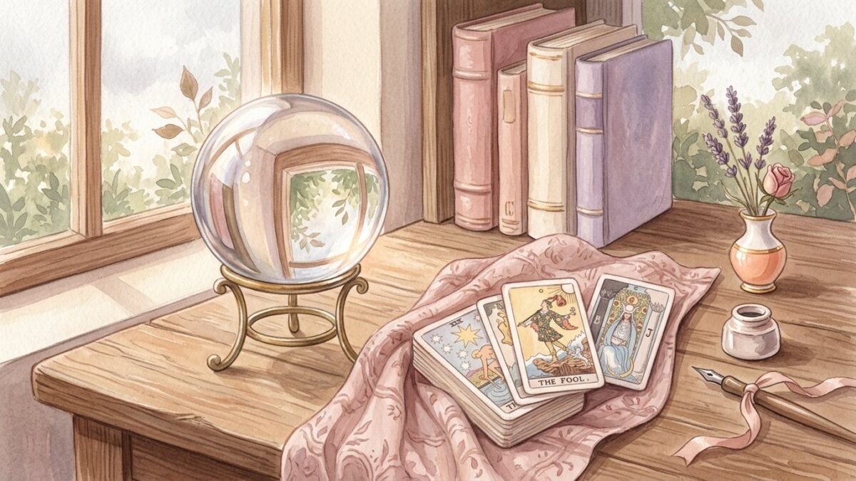 A crystal ball on a desk beside a tarot deck, both reflecting a quiet window, thoughtful mood, soft watercolour illustration