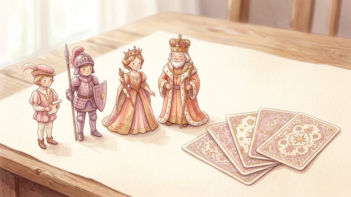 Four small royal figurines, a page, a knight, a queen and a king, standing on a table beside tarot cards, soft watercolour illustration