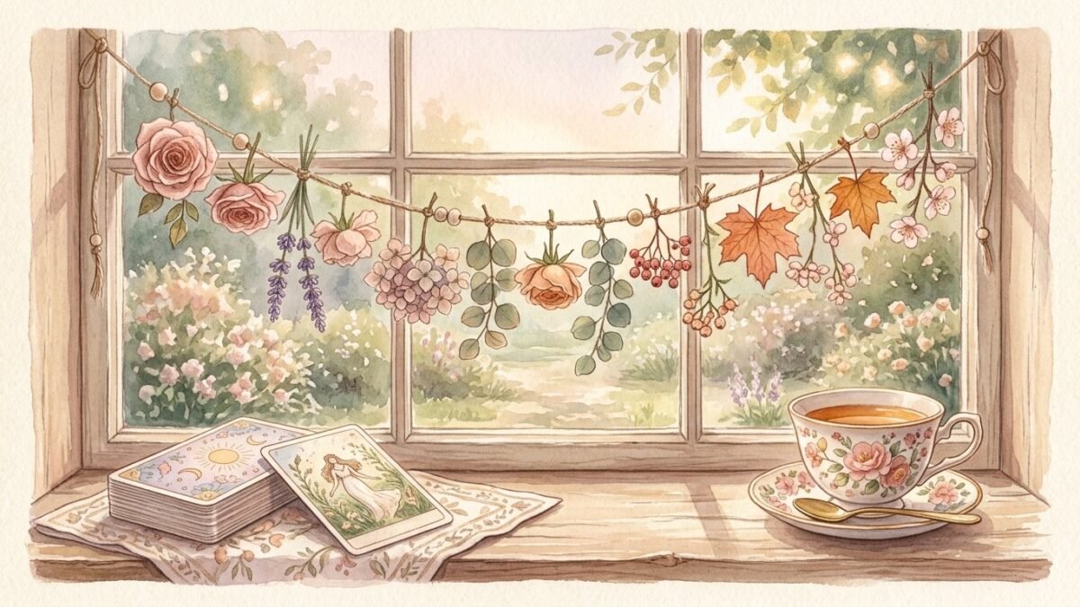 A tarot deck beside a hanging garland of pressed flowers marking the seasons and a cup of tea on a windowsill, soft watercolour illustration