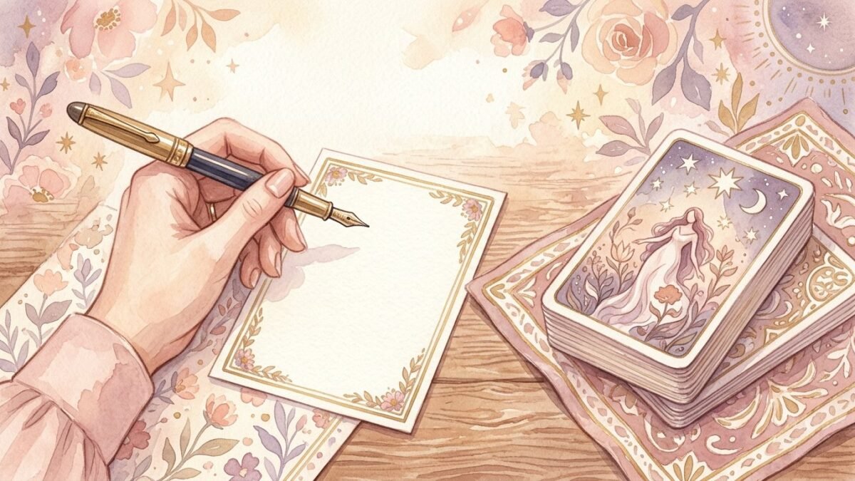 A hand holding a fountain pen above a small blank card beside a tarot deck, soft watercolour illustration