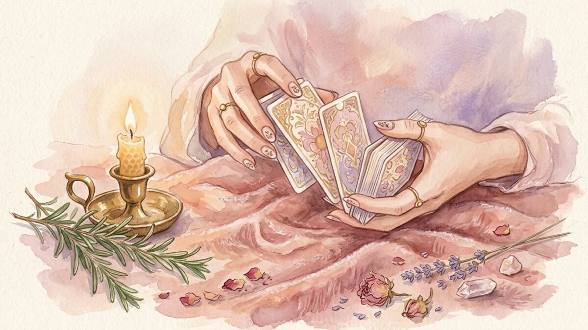 Hands shuffling a tarot deck above a velvet cloth with a sprig of rosemary and a candle, soft watercolour illustration