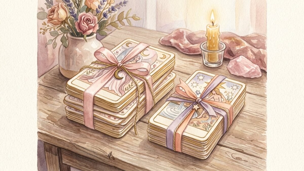 Two small stacks of tarot cards, one tall and one short, tied with ribbons on a wooden table, soft watercolour illustration