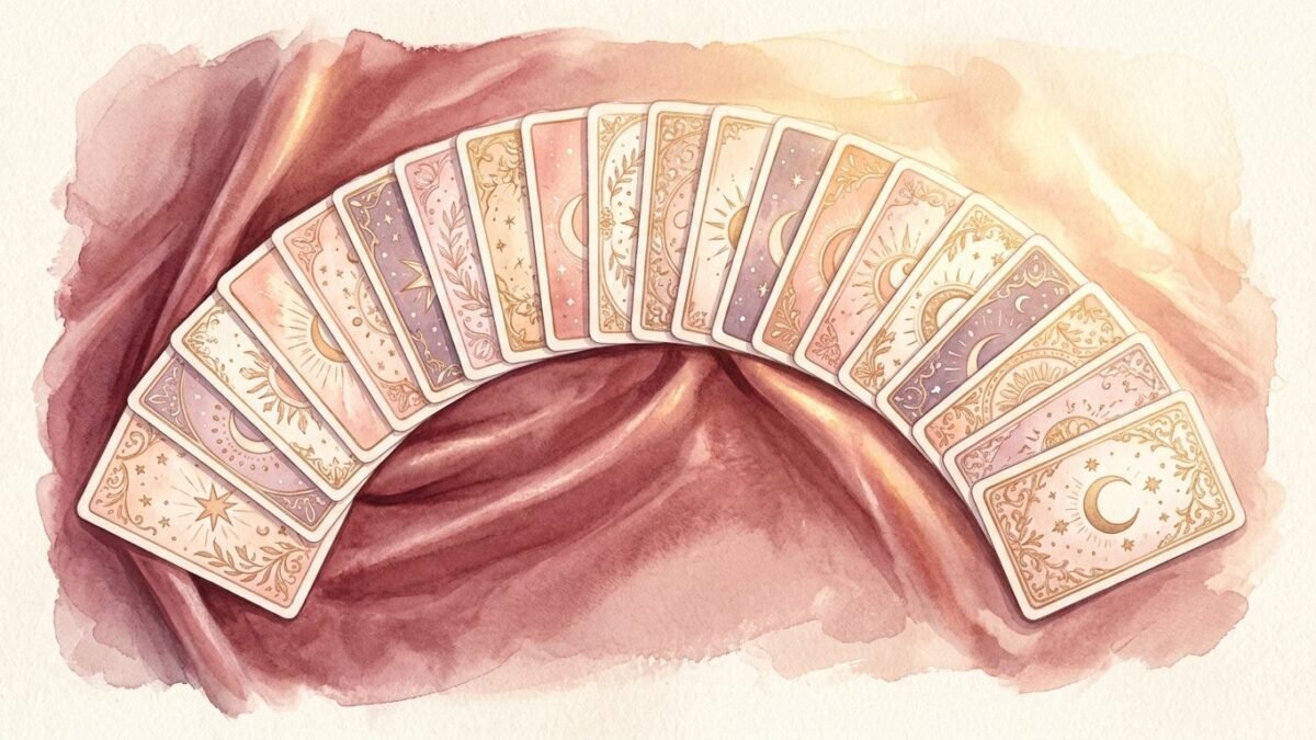 Twenty two tarot cards fanned in a wide arc face down on a velvet cloth, golden light, soft watercolour illustration
