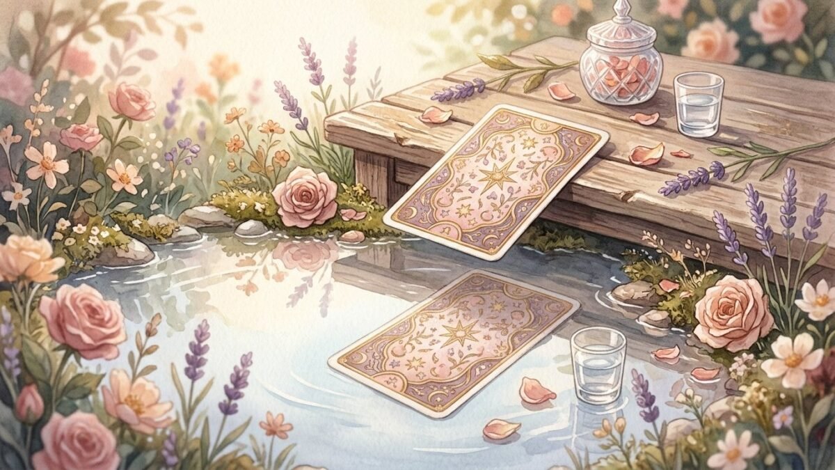 A tarot card lying upside down on a table reflected in a still pool of water, soft watercolour illustration
