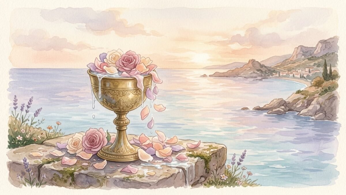 A golden chalice overflowing with water and rose petals on a stone ledge by the sea, soft watercolour illustration