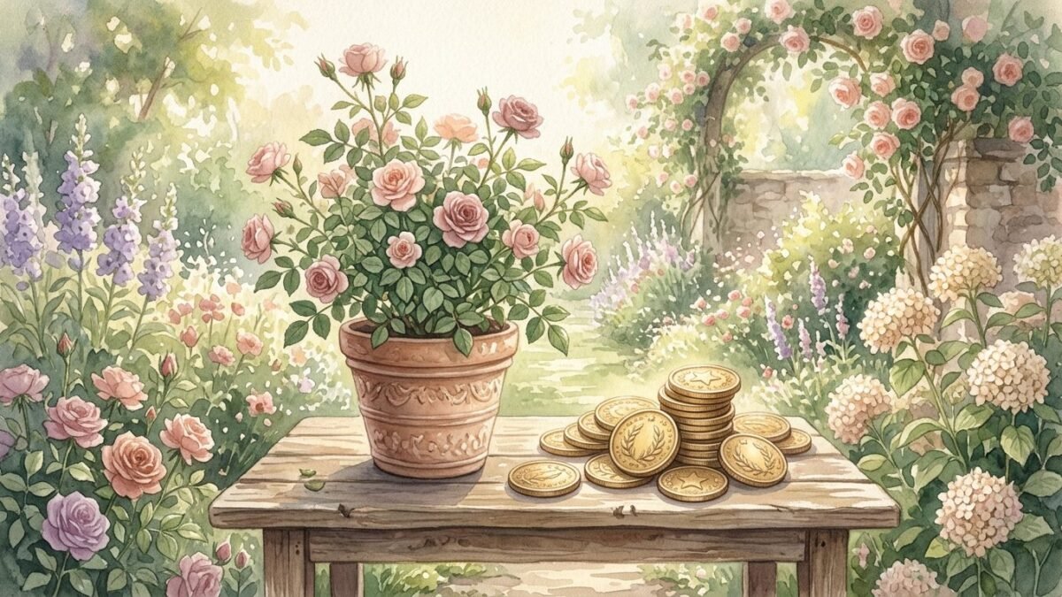 Golden coins and a flourishing potted plant on a wooden table in a sunny garden, soft watercolour illustration