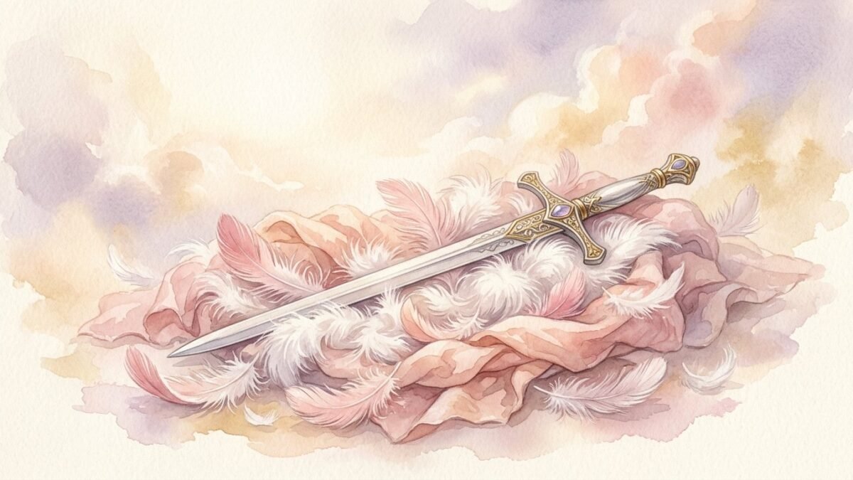 A silver sword resting on a cloud-soft pink cloth with feathers, calm and clear, soft watercolour illustration
