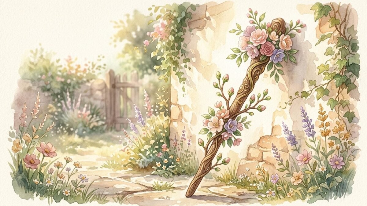 A flowering wooden staff leaning against a sunlit wall with green buds sprouting, soft watercolour illustration