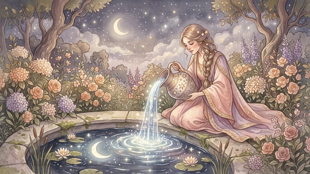 A water bearer's jug pouring shimmering starlit water into a pool at night, soft watercolour illustration
