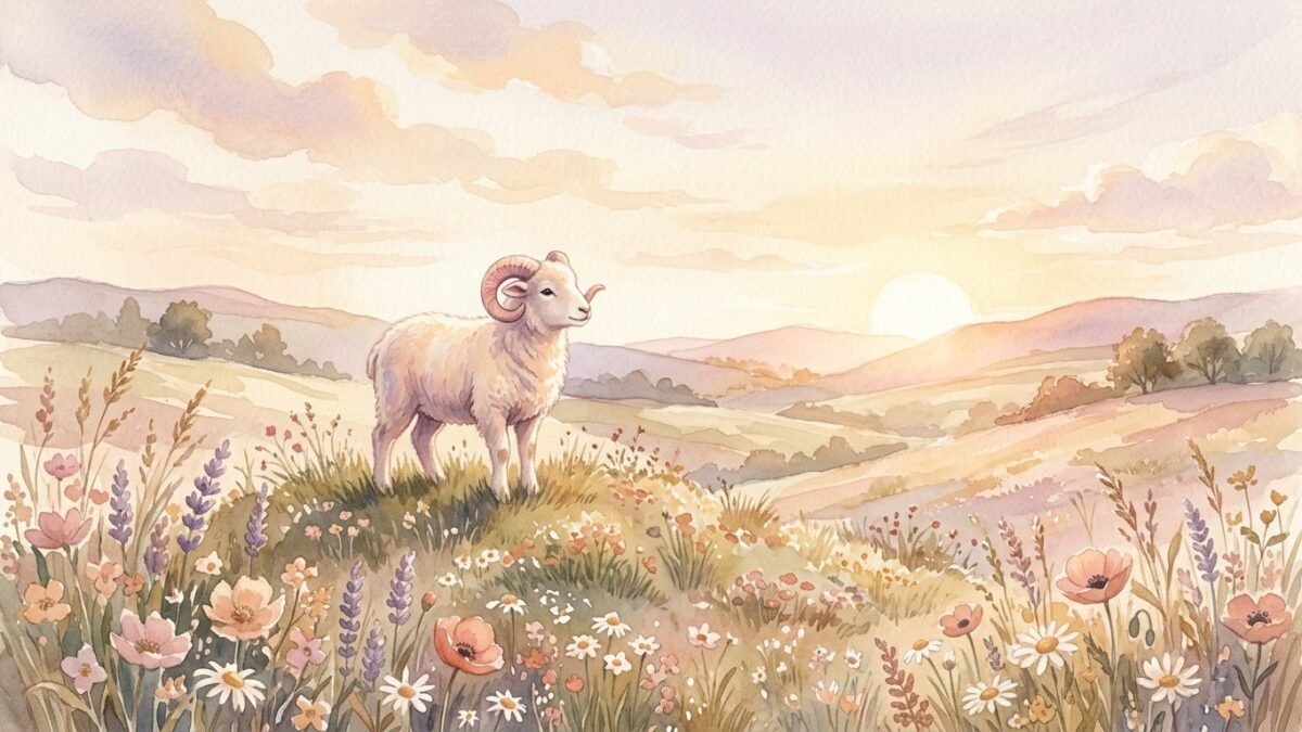 A small ram standing on a sunny hilltop at dawn with wildflowers, soft watercolour illustration