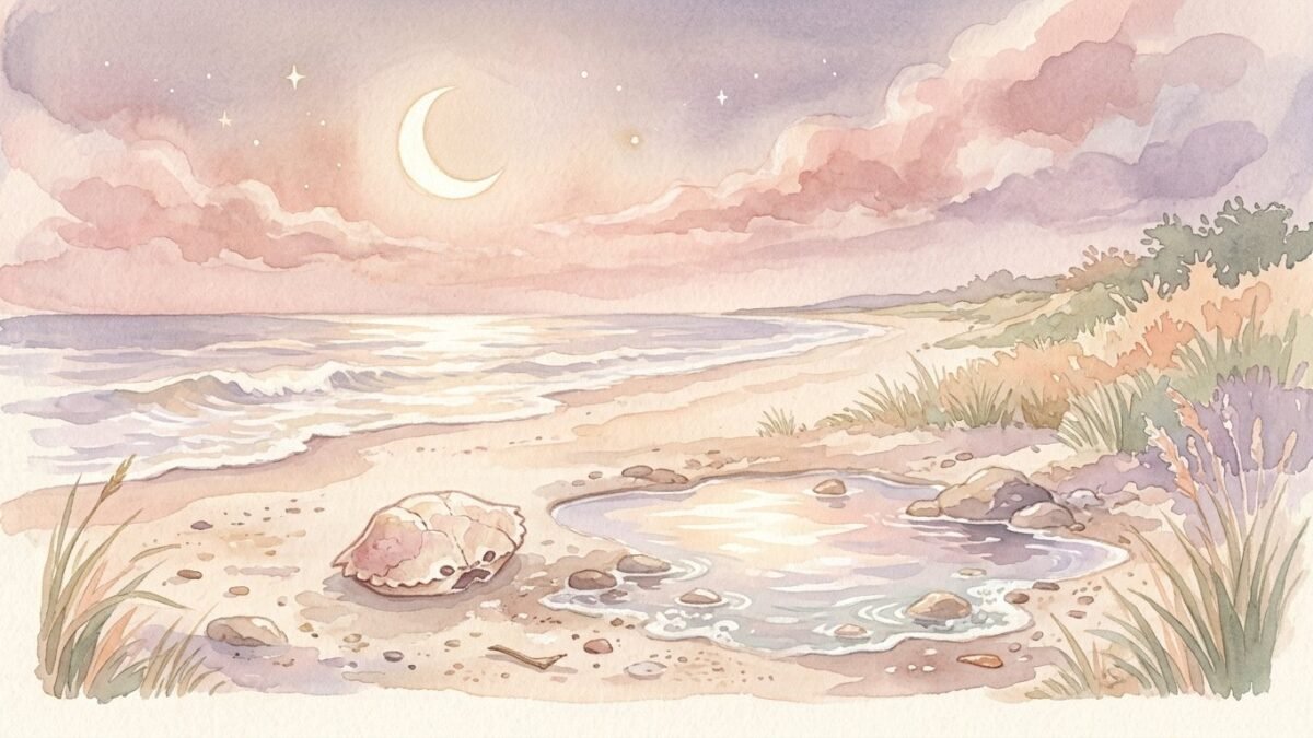 A crab shell on a moonlit beach beside a small tide pool, soft watercolour illustration