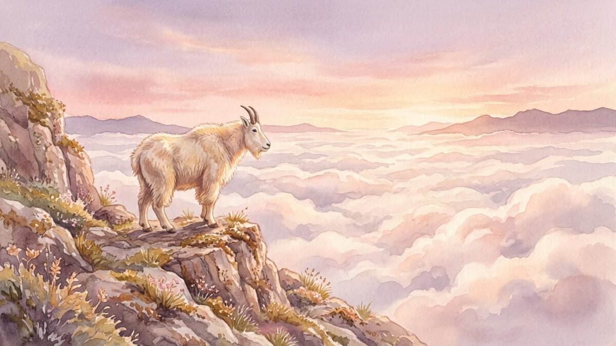 A mountain goat on a rocky ledge at sunrise above soft clouds, soft watercolour illustration