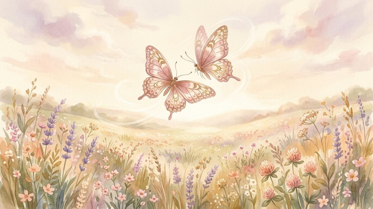 Two matching butterflies dancing together above a meadow, soft watercolour illustration