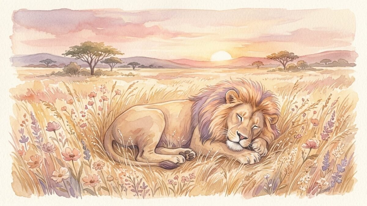 A gentle lion resting in golden summer grass at sunset, soft watercolour illustration