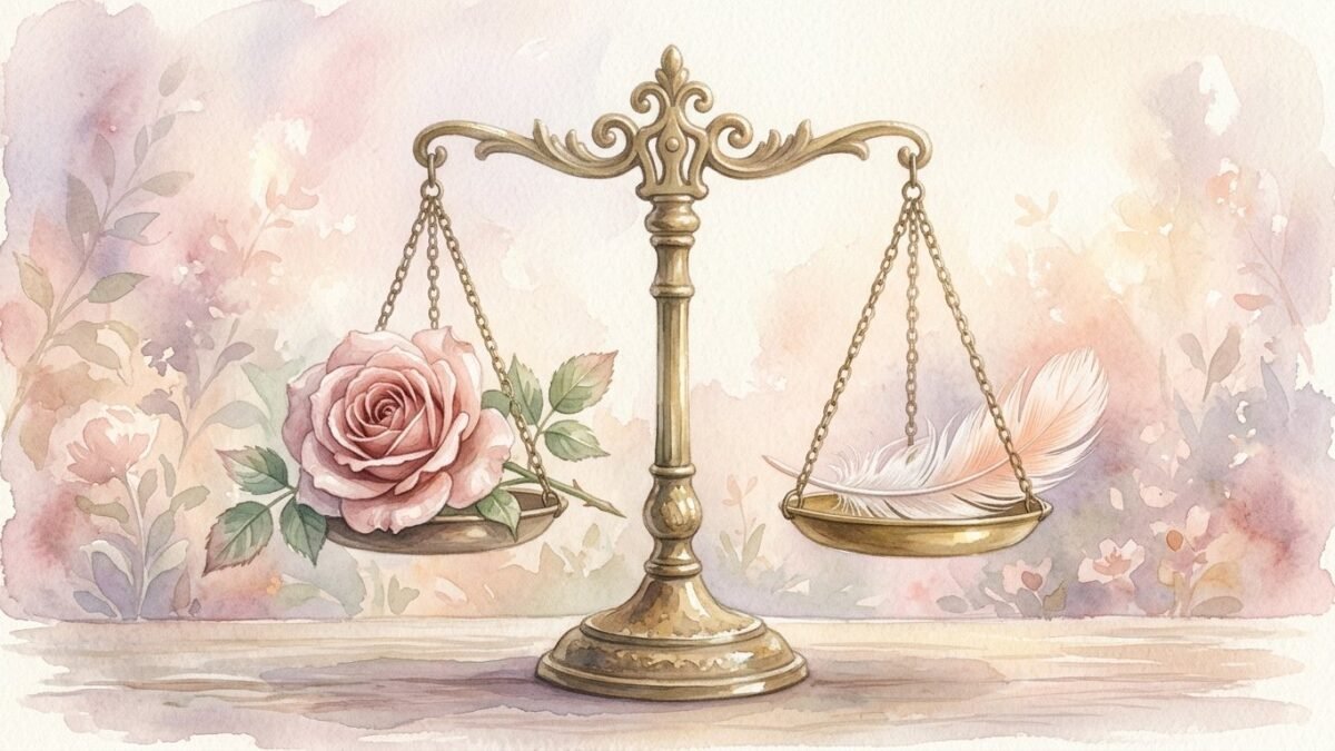 A brass balance scale holding a rose on one side and a feather on the other, soft watercolour illustration