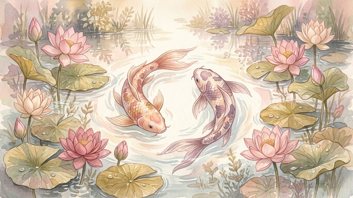 Two koi fish circling in a pond with lotus flowers, soft watercolour illustration