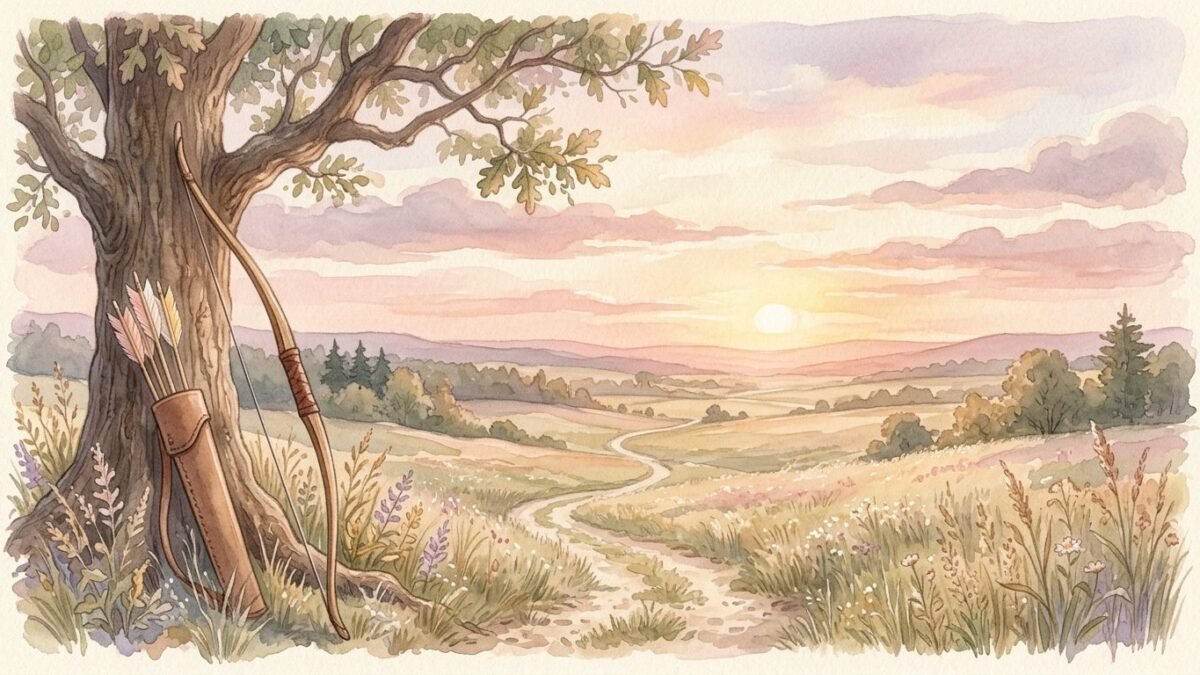 A bow and arrow resting against a tree at the edge of a wide open landscape at sunset, soft watercolour illustration