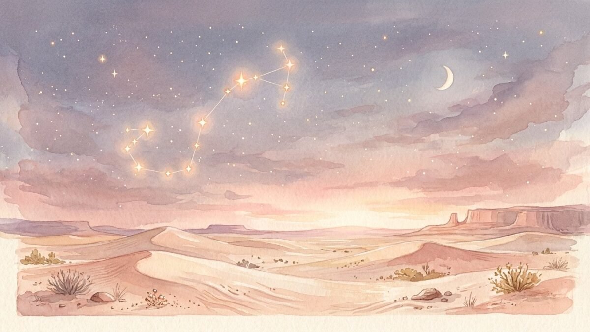 A scorpion shaped constellation of stars glowing above a desert at twilight, soft watercolour illustration