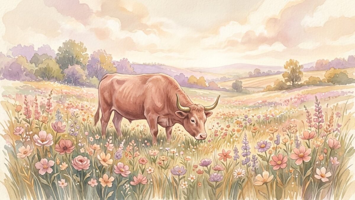 A gentle bull grazing in a meadow full of spring flowers, soft watercolour illustration