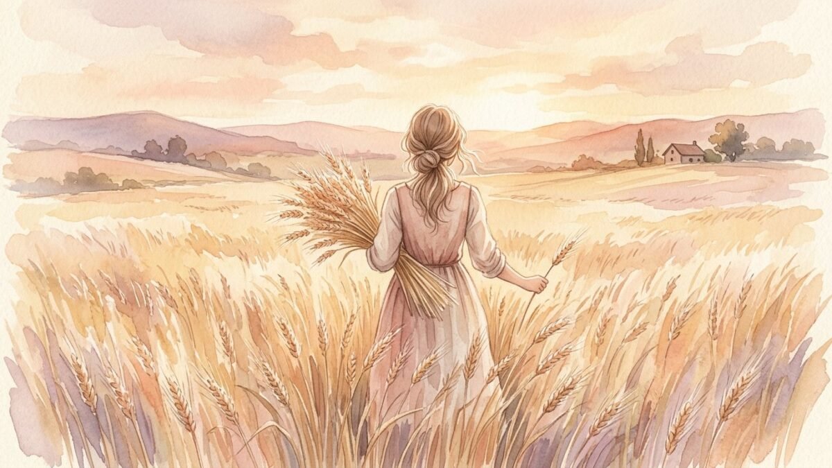 A young woman seen from behind gathering wheat in a golden field, soft watercolour illustration