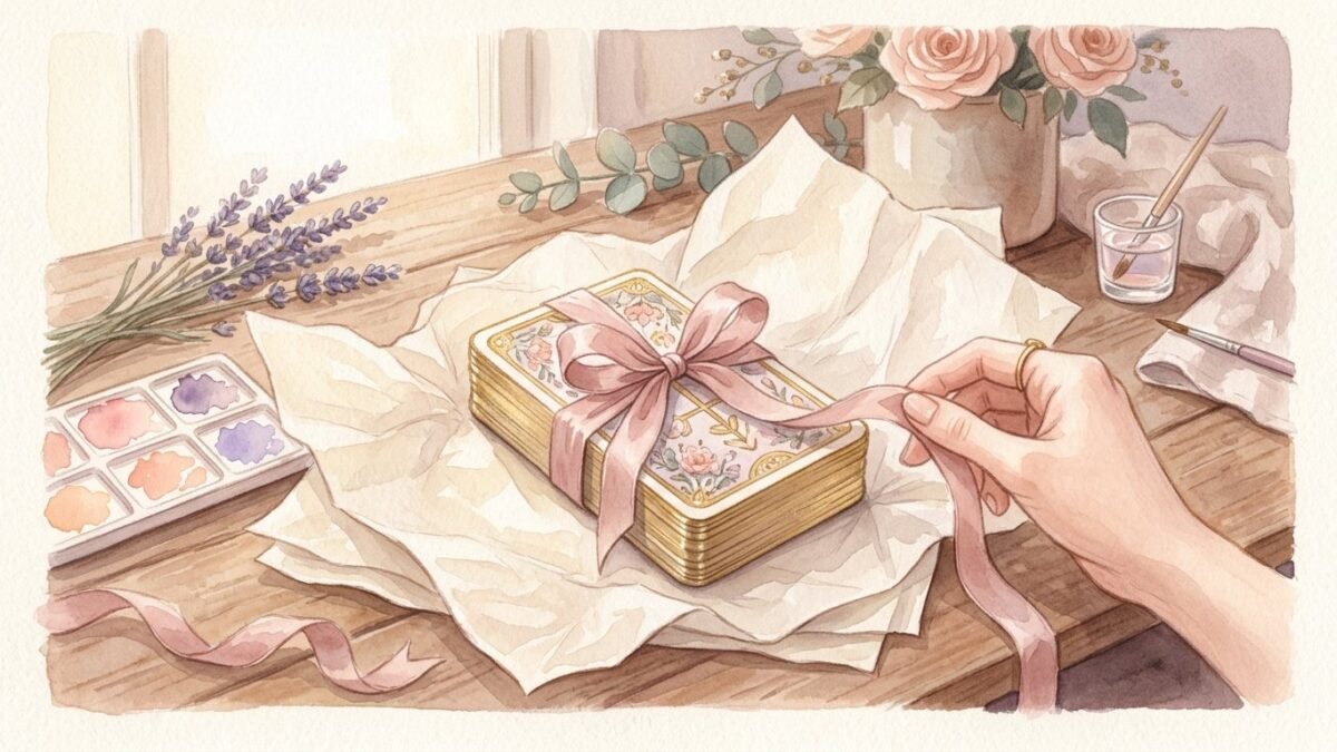 A brand new tarot deck being unwrapped from tissue paper with a ribbon on a table, soft watercolour illustration