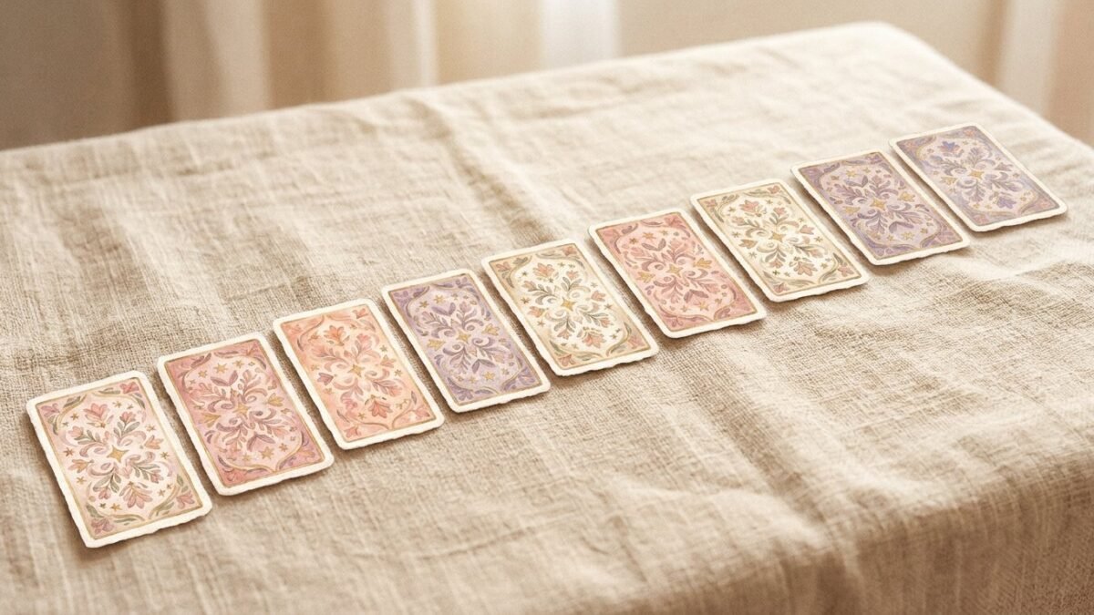 Ten small tarot cards laid face down in a gentle ascending staircase arrangement on a linen cloth, soft watercolour illustration