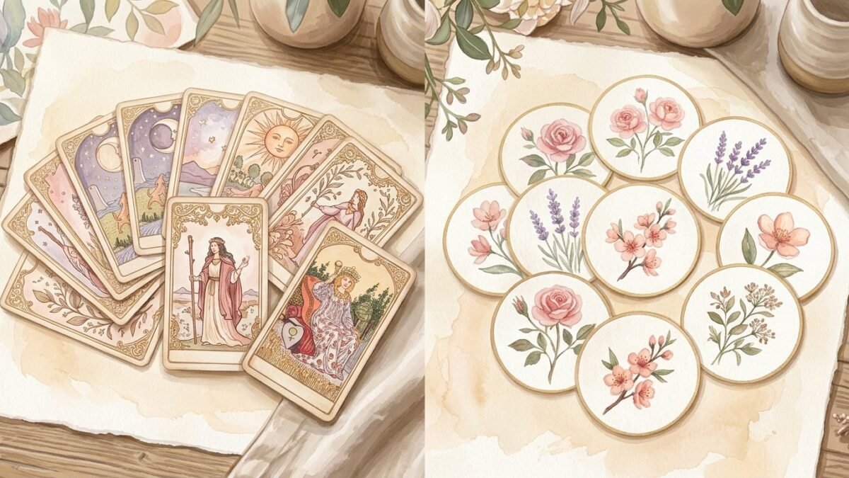 Two different card decks side by side, one ornate tarot deck and one with round flower cards, soft watercolour illustration