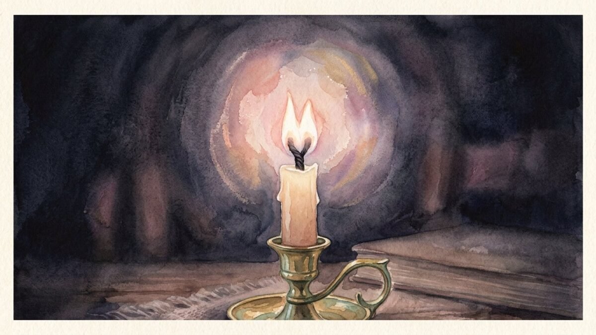 Two flames of a single candle wick burning together in the dark, soft watercolour illustration