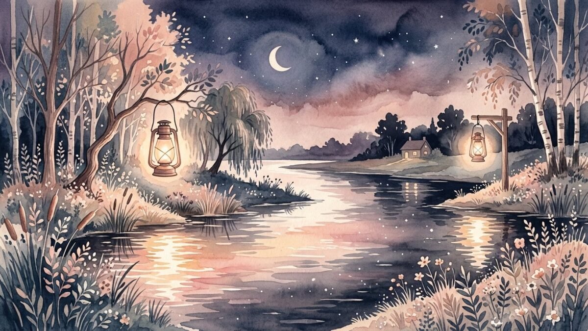 Two lanterns on opposite banks of a river at night, their light reflected in the water, soft watercolour illustration