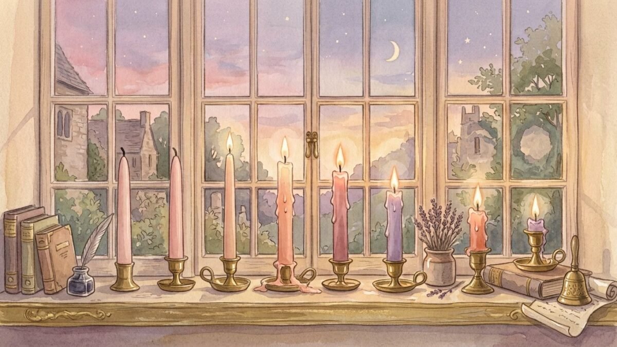 A row of candles from unlit to fully burning along a windowsill at dusk, soft watercolour illustration