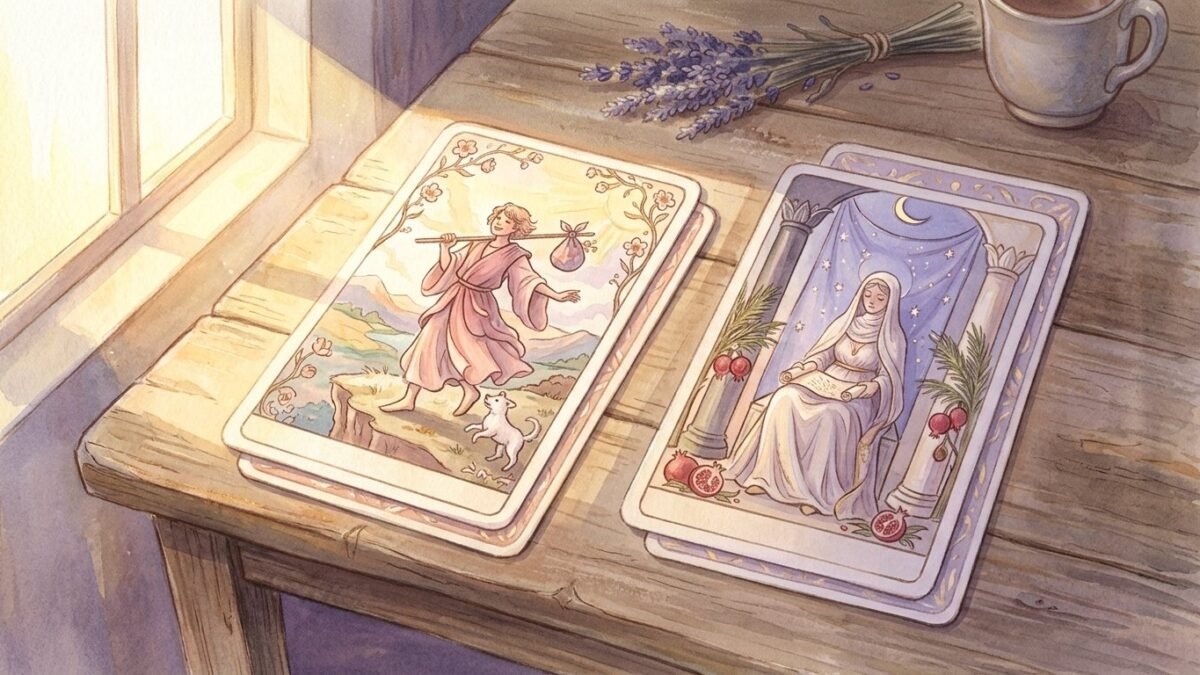 Two tarot cards, one in sunlight and one in shadow, on a table split by a window beam, soft watercolour illustration