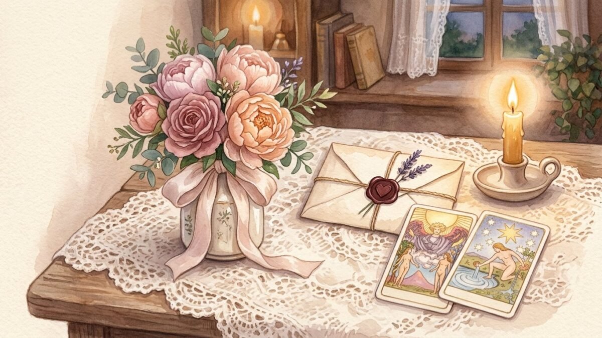 A small bouquet of pink peonies and a sealed love letter with a wax heart beside two tarot cards on a lace cloth, warm candlelight, soft watercolour illustration