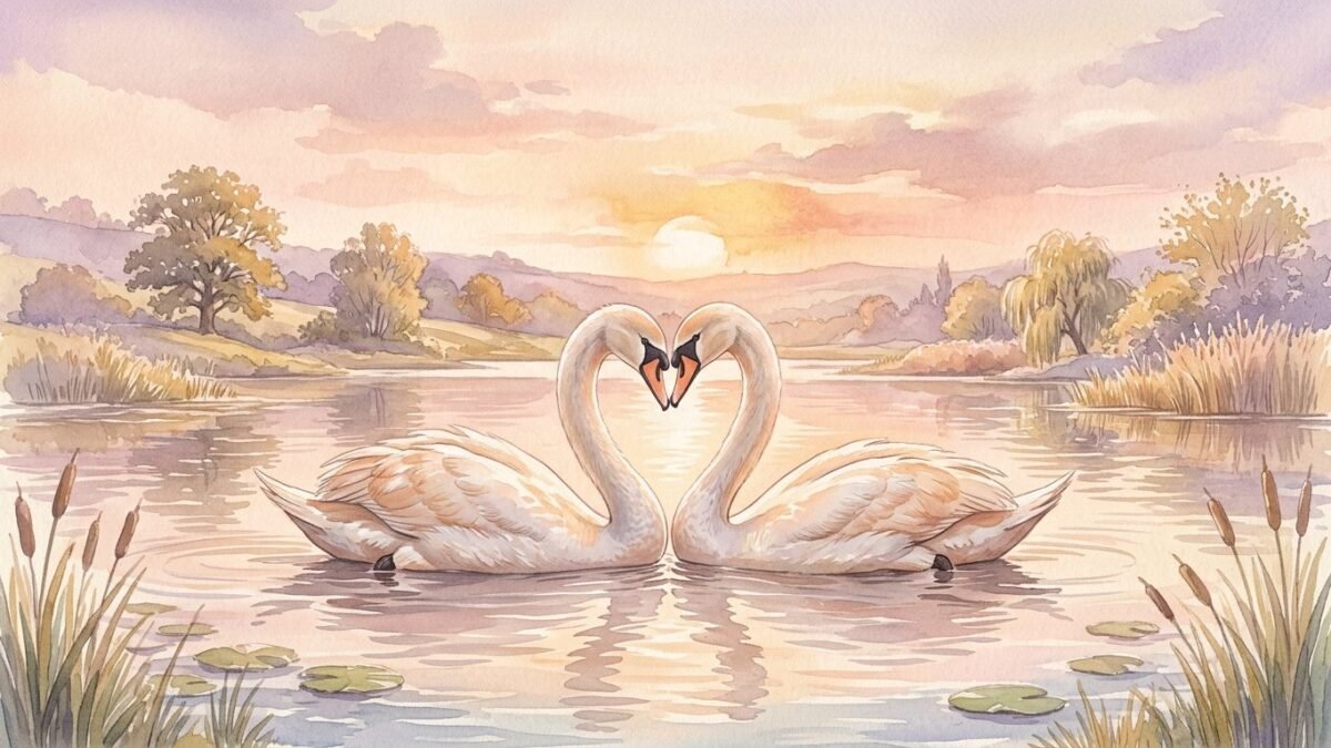 Two swans on a calm lake forming a heart shape with their necks, soft pink sunset, soft watercolour illustration