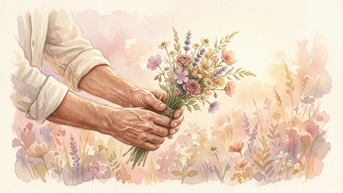 A man's hands offering a small bunch of wildflowers, soft golden light, soft watercolour illustration