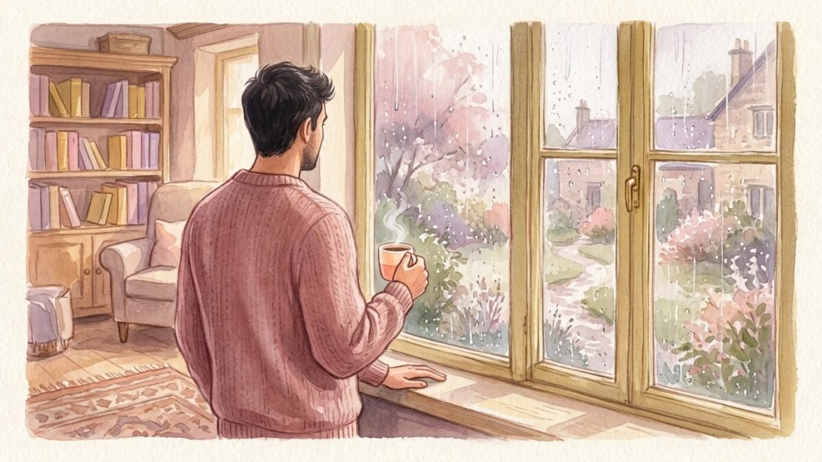A man seen from behind looking out of a rainy window with a cup of coffee, soft watercolour illustration
