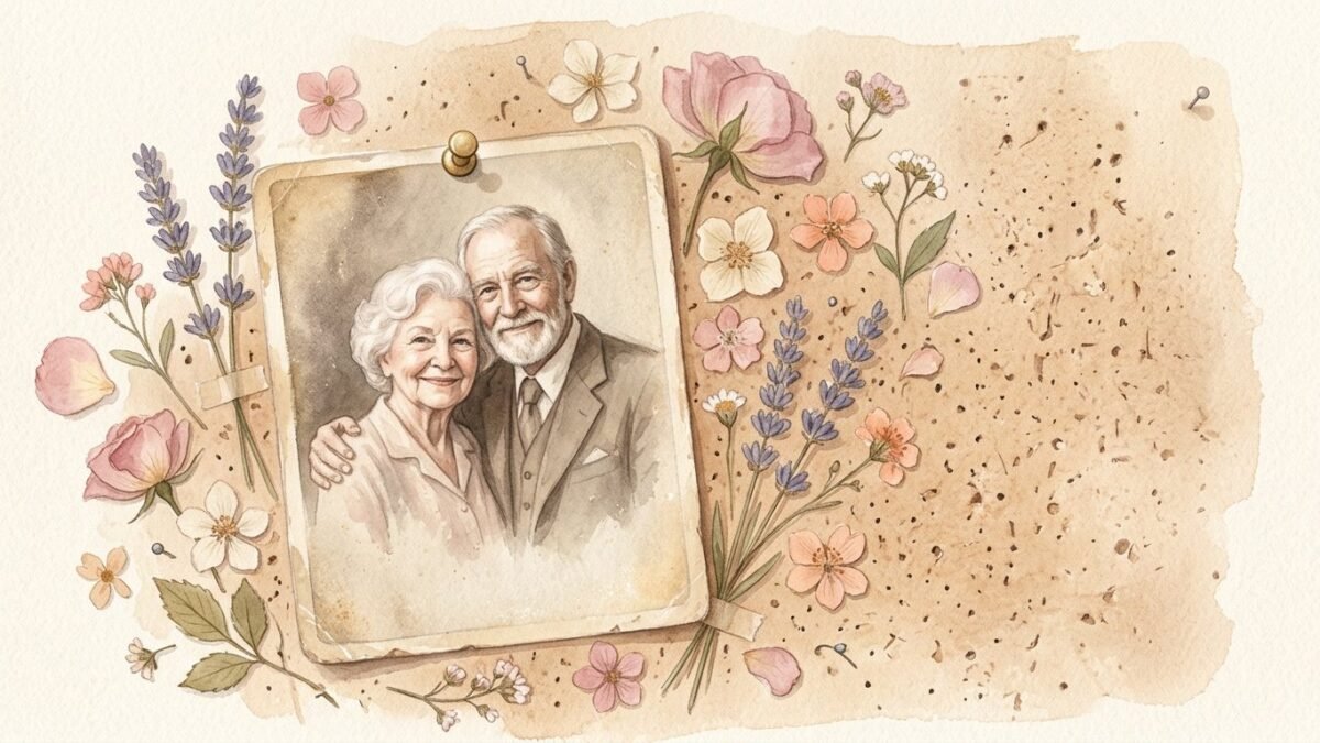 An old photograph of a couple pinned to a corkboard among pressed flowers, soft light, soft watercolour illustration