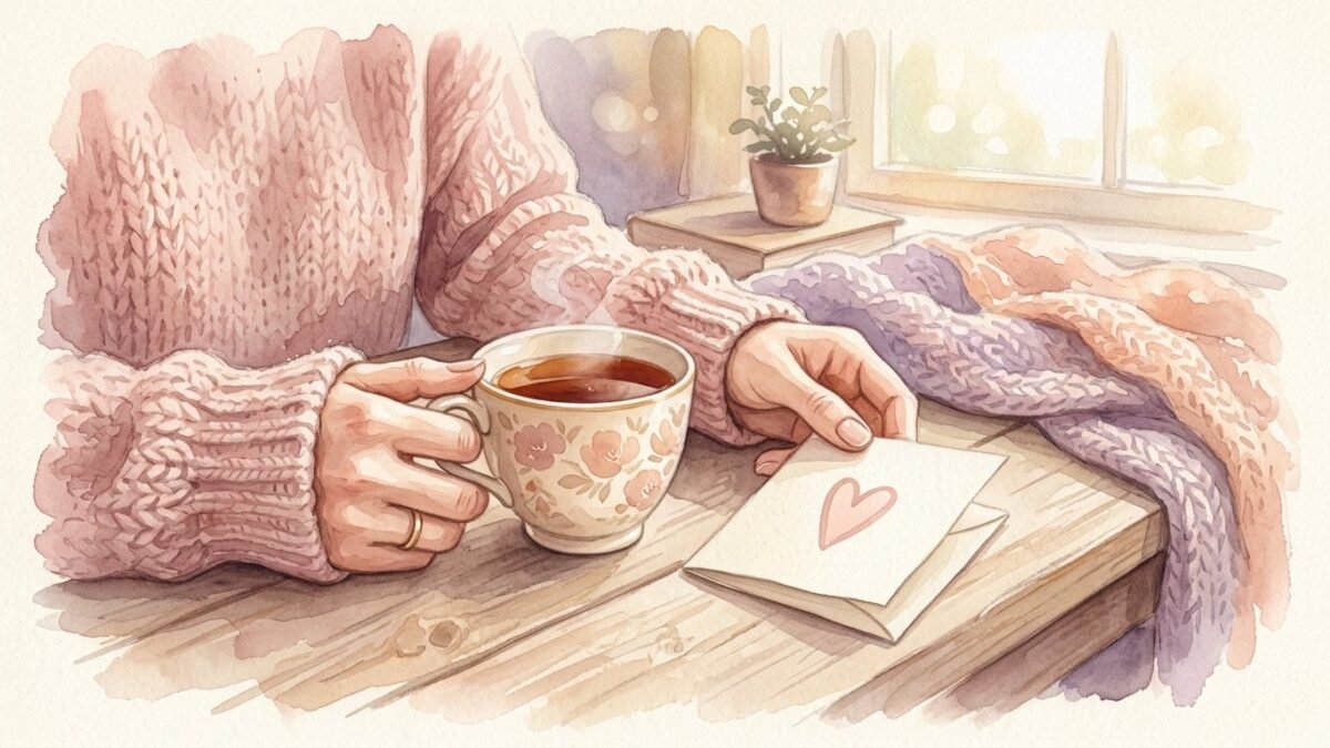 A woman's hands holding a cup of tea and a small note with a doodled heart, cosy knitted sleeves, soft watercolour illustration
