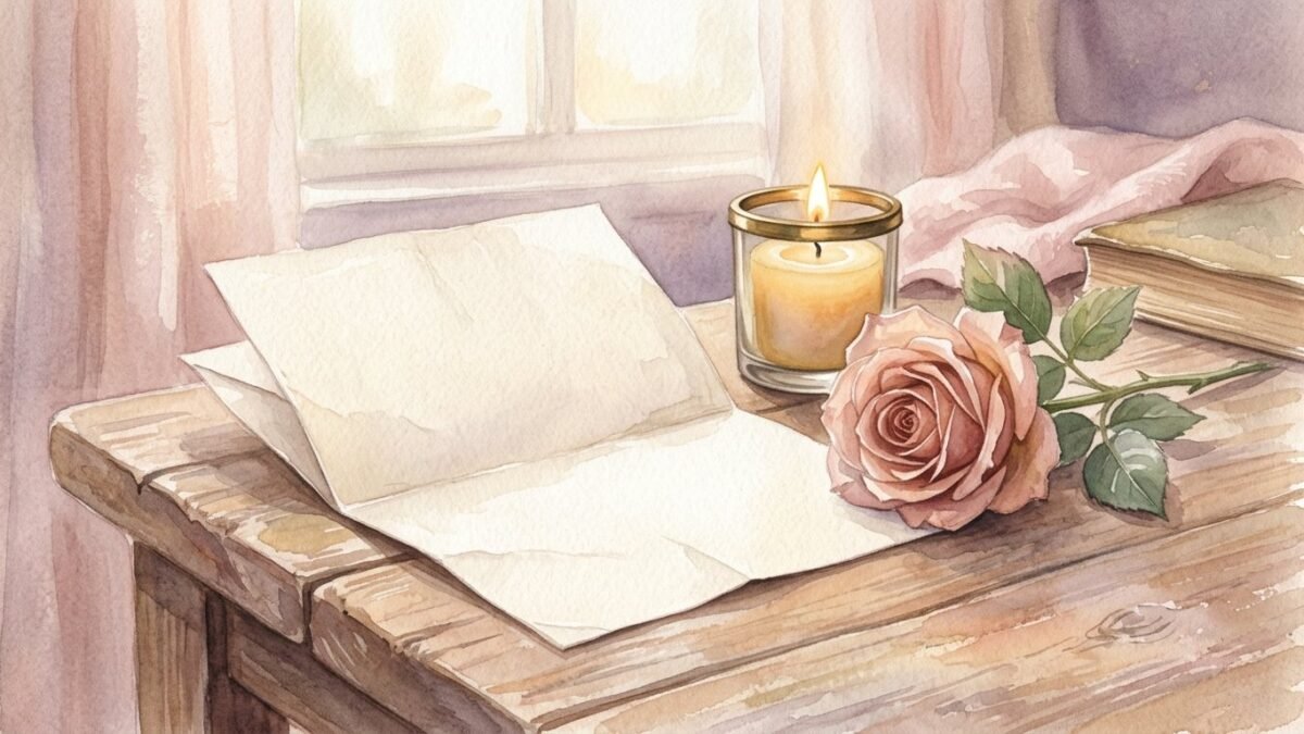 A folded love letter half open on a table beside a candle and a rose, soft watercolour illustration