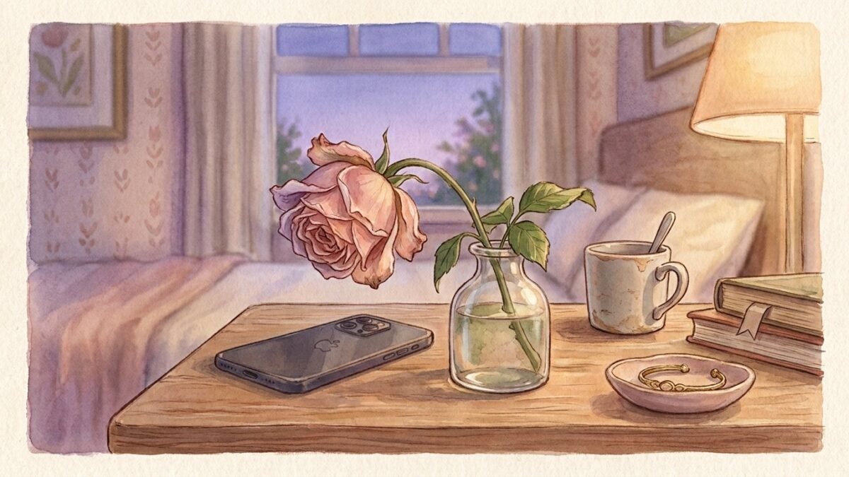 A phone face down on a bedside table beside a wilting rose, dim evening light, soft watercolour illustration